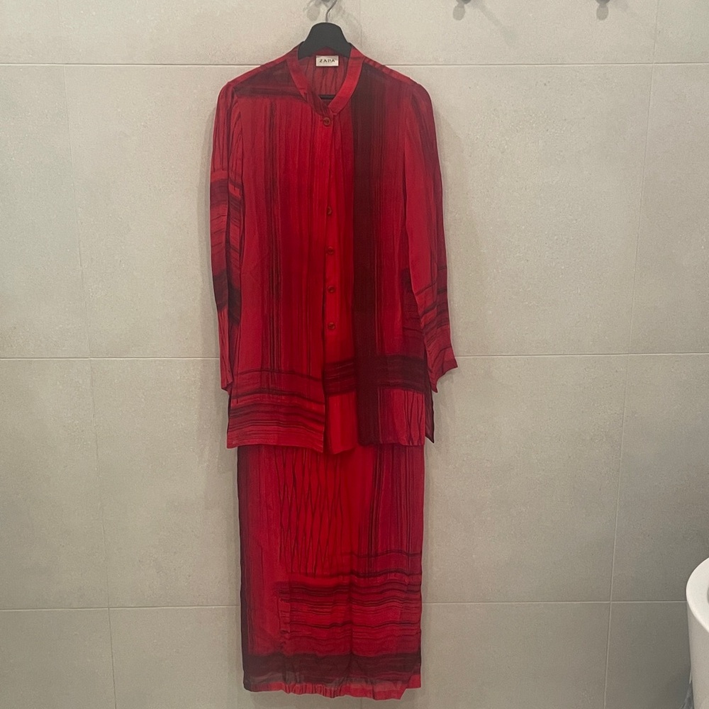 Vibrant Red 90s Dress and Blouse Set